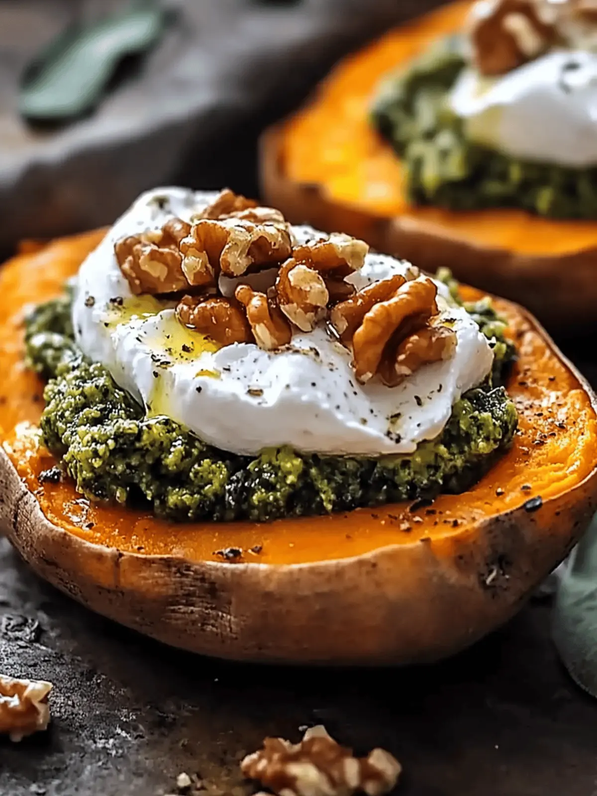 Stuffed Sweet Potatoes with Burrata & Sage Pesto Delight 4 Stuffed Sweet Potatoes with Burrata, Toasted Walnuts & Sage Pesto