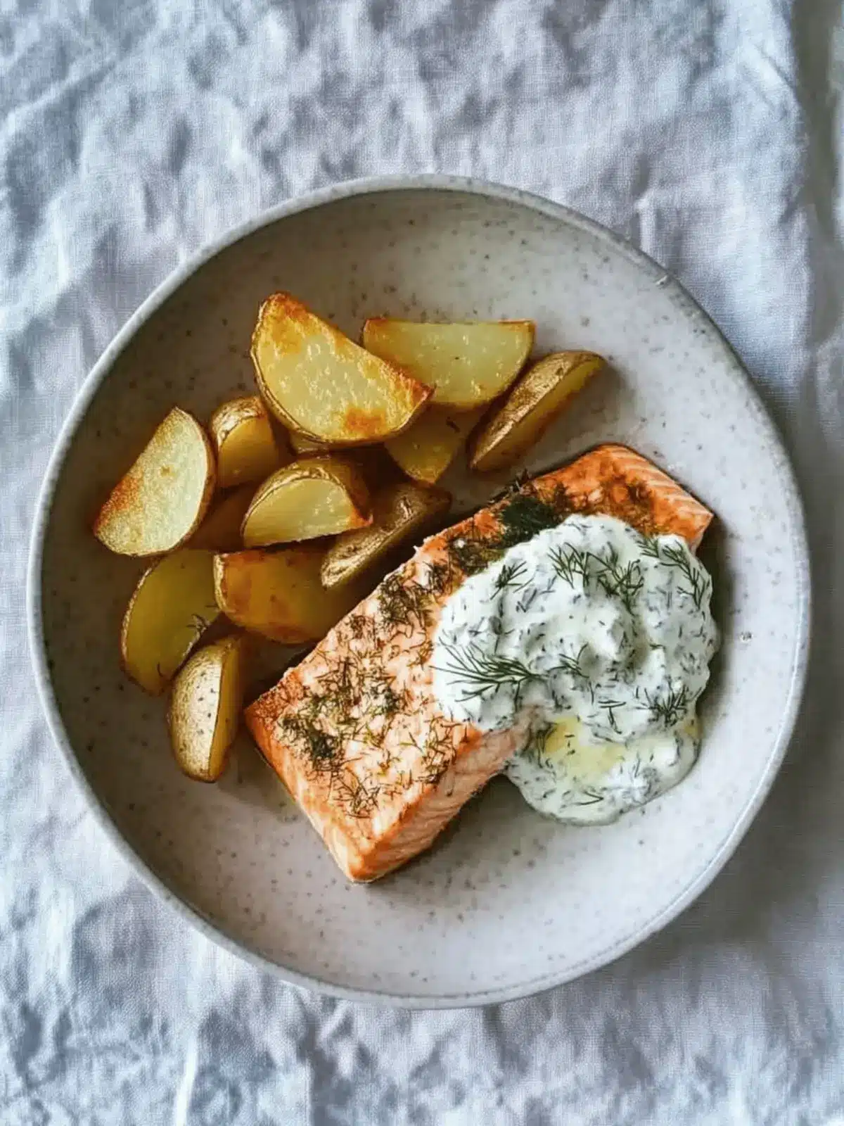 Delicious Dill Salmon with Crispy Potato Wedges & Creamy Sauce 4 Dill salmon with potato wedges and a creamy pickle and dill sauce