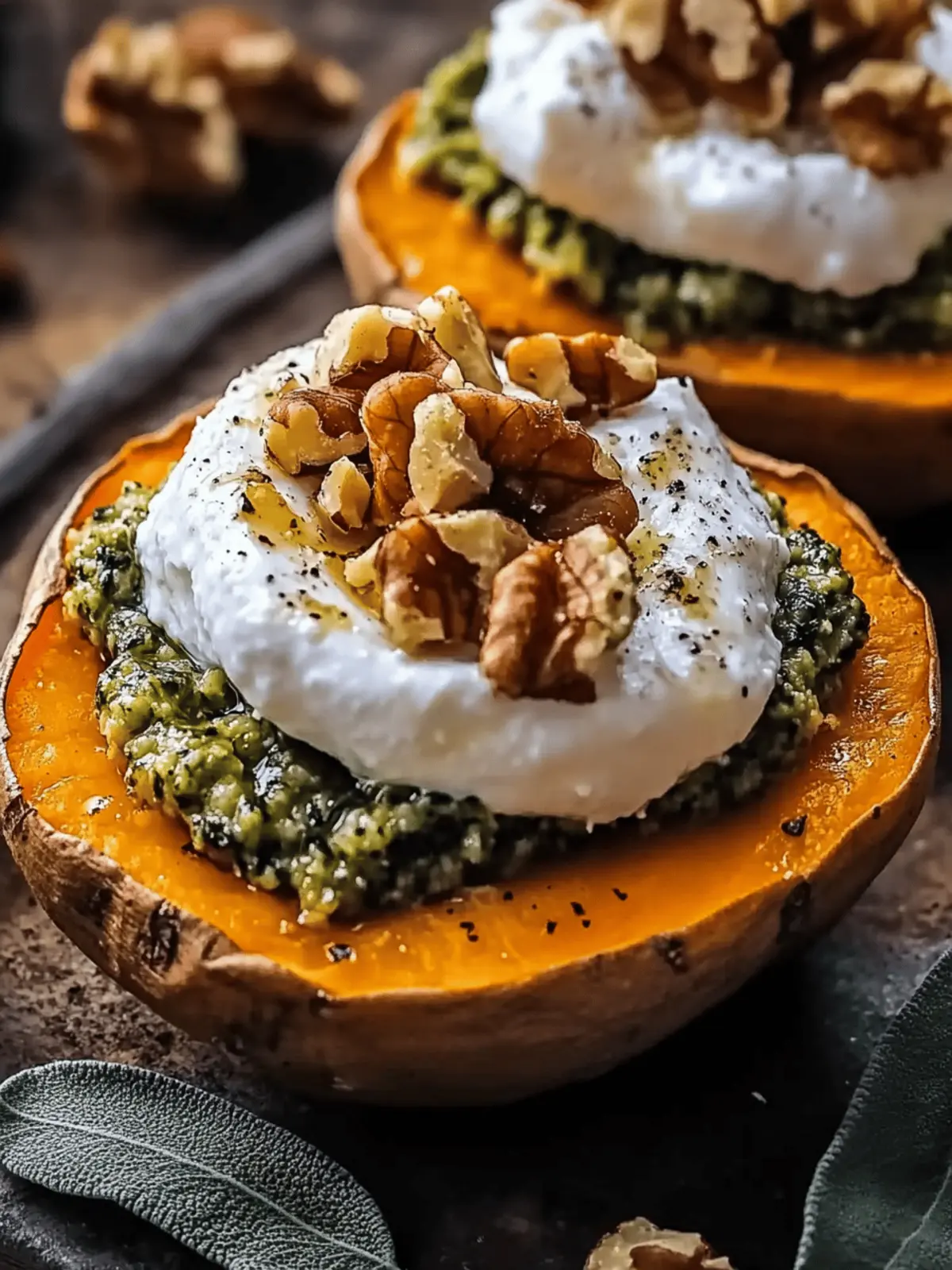 Stuffed Sweet Potatoes with Burrata & Sage Pesto Delight 3 Stuffed Sweet Potatoes with Burrata, Toasted Walnuts & Sage Pesto