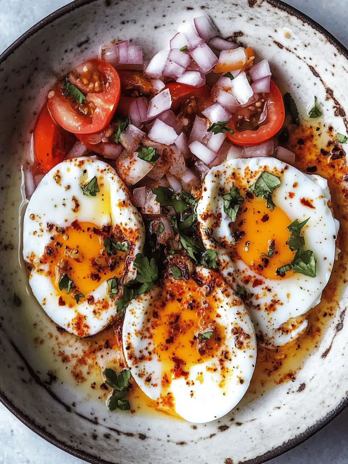 Poached Eggs with Yogurt, Tomato, Onion and Spiced Oil Delight 4 Poached Eggs with Yogurt, Tomato, Onion and Cumin Chili Oil