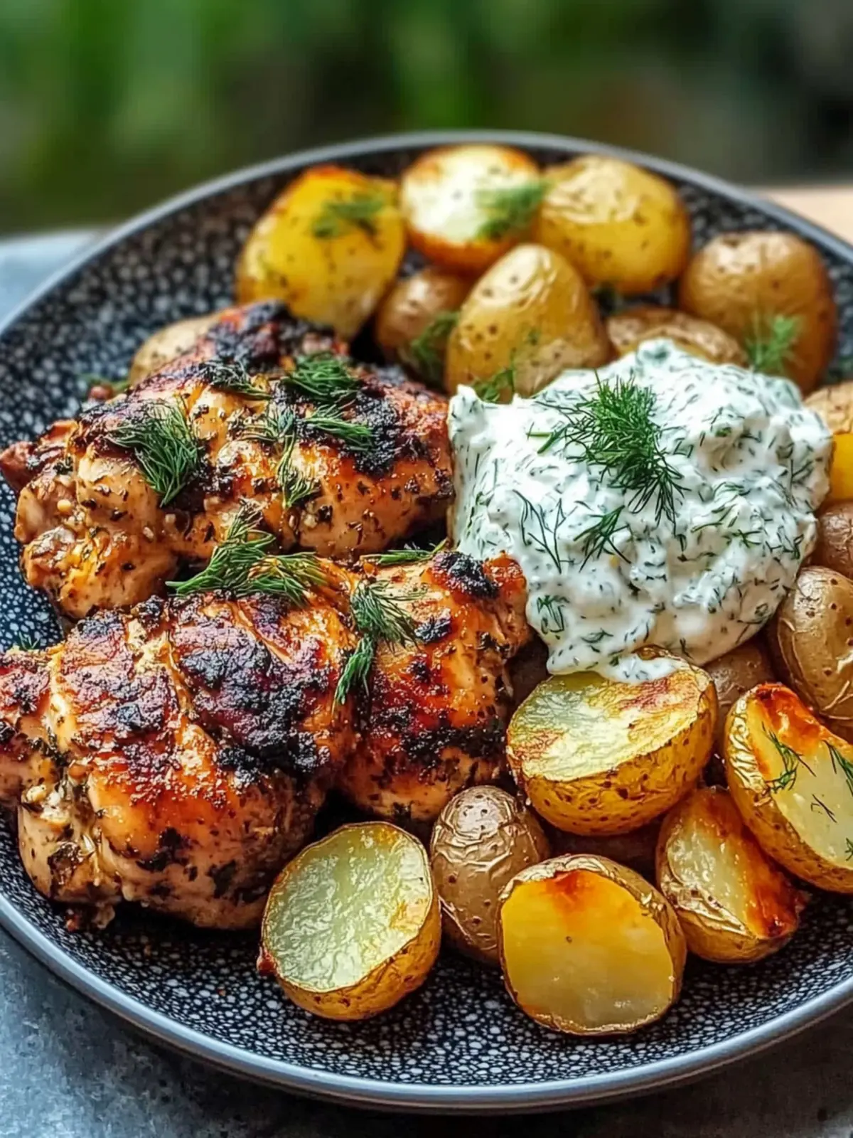 Spicy Yogurt Marinated Chicken with Dill Feta Cream Delight 2 Spicy Yogurt Marinated Chicken with Dill Feta Cream & Crispy Baby Potatoes