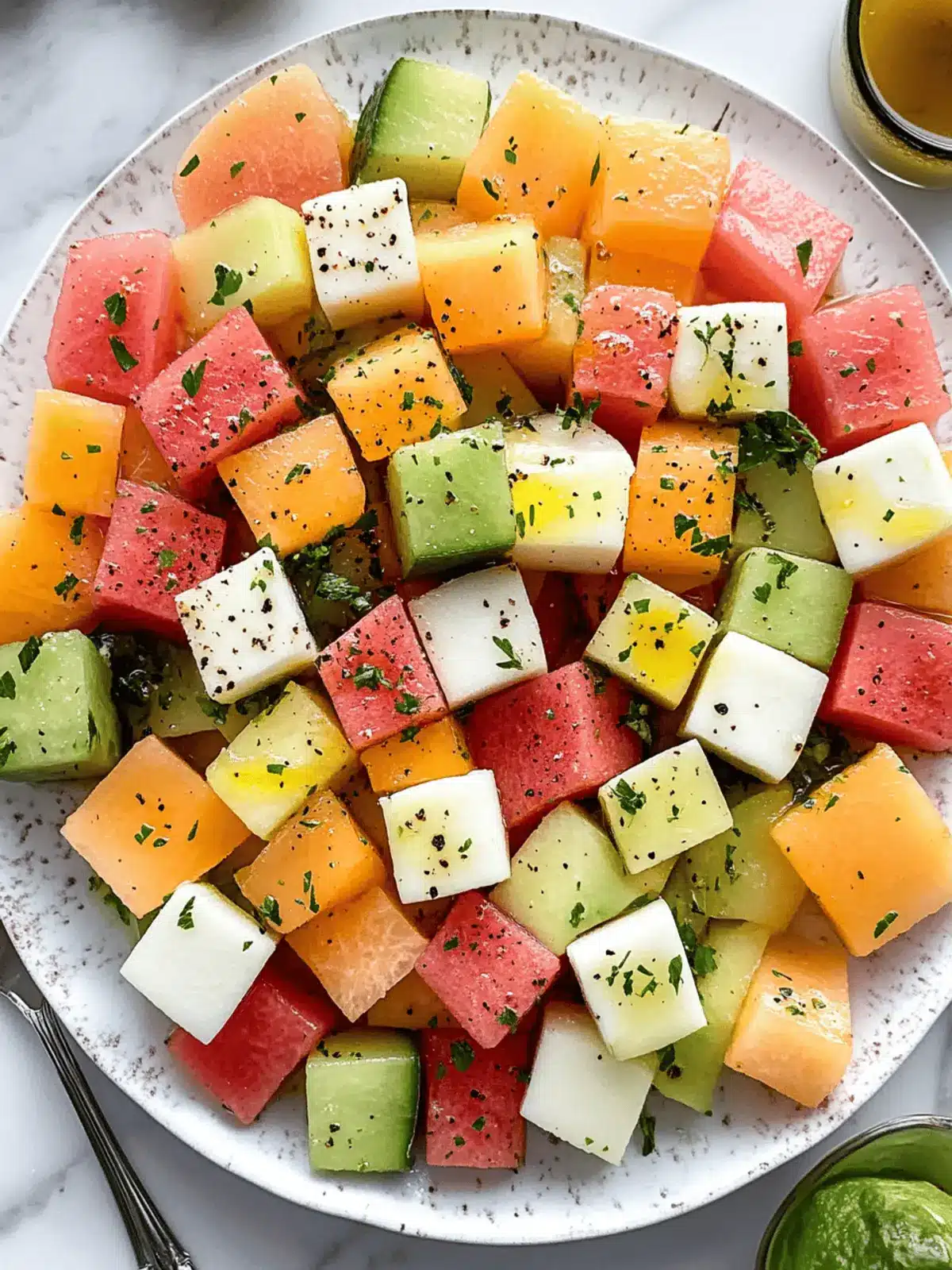 Refreshing Melon Mosaic Salad with Hot Honey Vinaigrette Bliss 2 Melon Mosaic Salad with Hot Honey Vinaigrette.