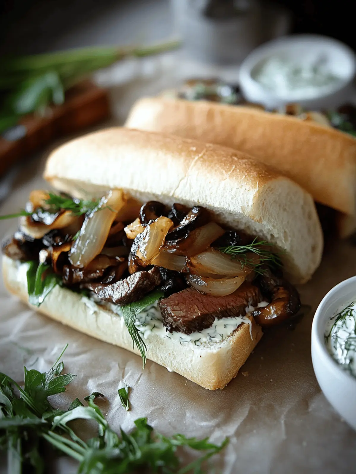 Ultimate Steak Sandwich with Sweet Onions and Garlic Dill Spread 3 Steak Sandwich with Caramelized Onions and Mushrooms and Garlic Dill Spread