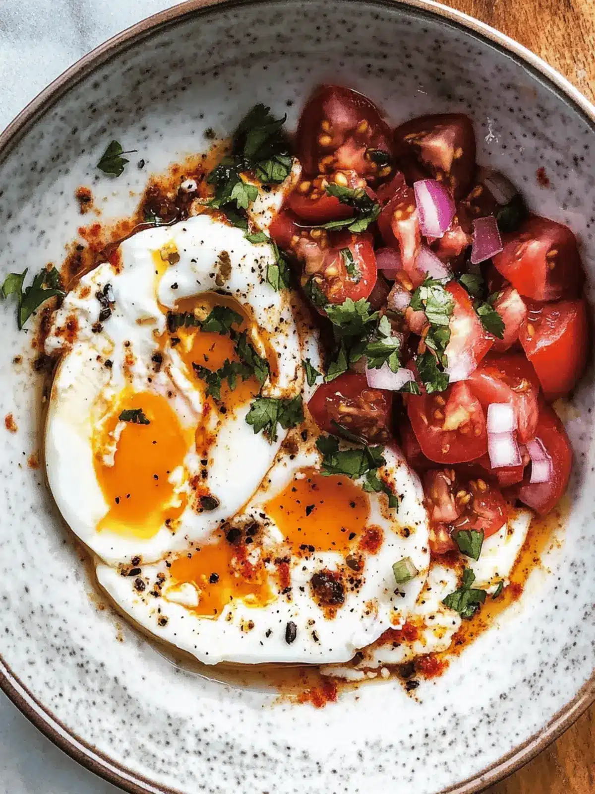 Poached Eggs with Yogurt, Tomato, Onion and Spiced Oil Delight 2 Poached Eggs with Yogurt, Tomato, Onion and Cumin Chili Oil