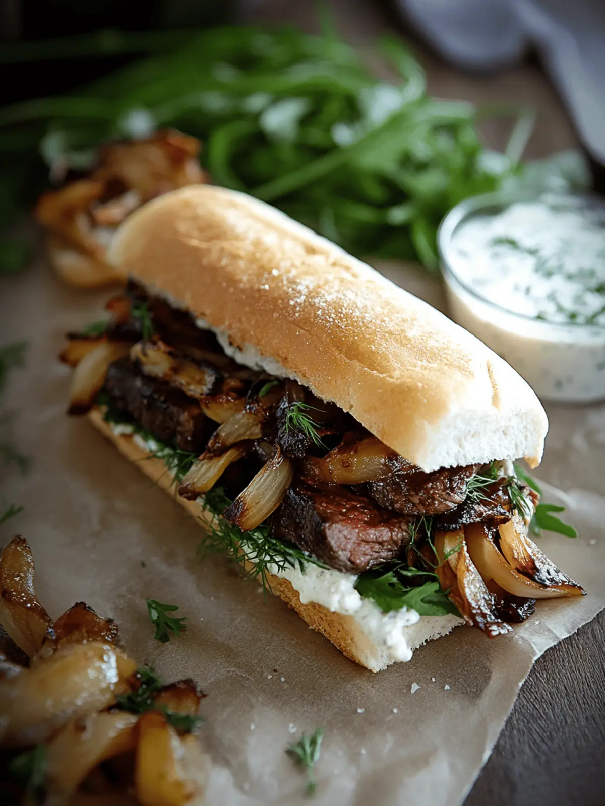 Ultimate Steak Sandwich with Sweet Onions and Garlic Dill Spread 2 Steak Sandwich with Caramelized Onions and Mushrooms and Garlic Dill Spread