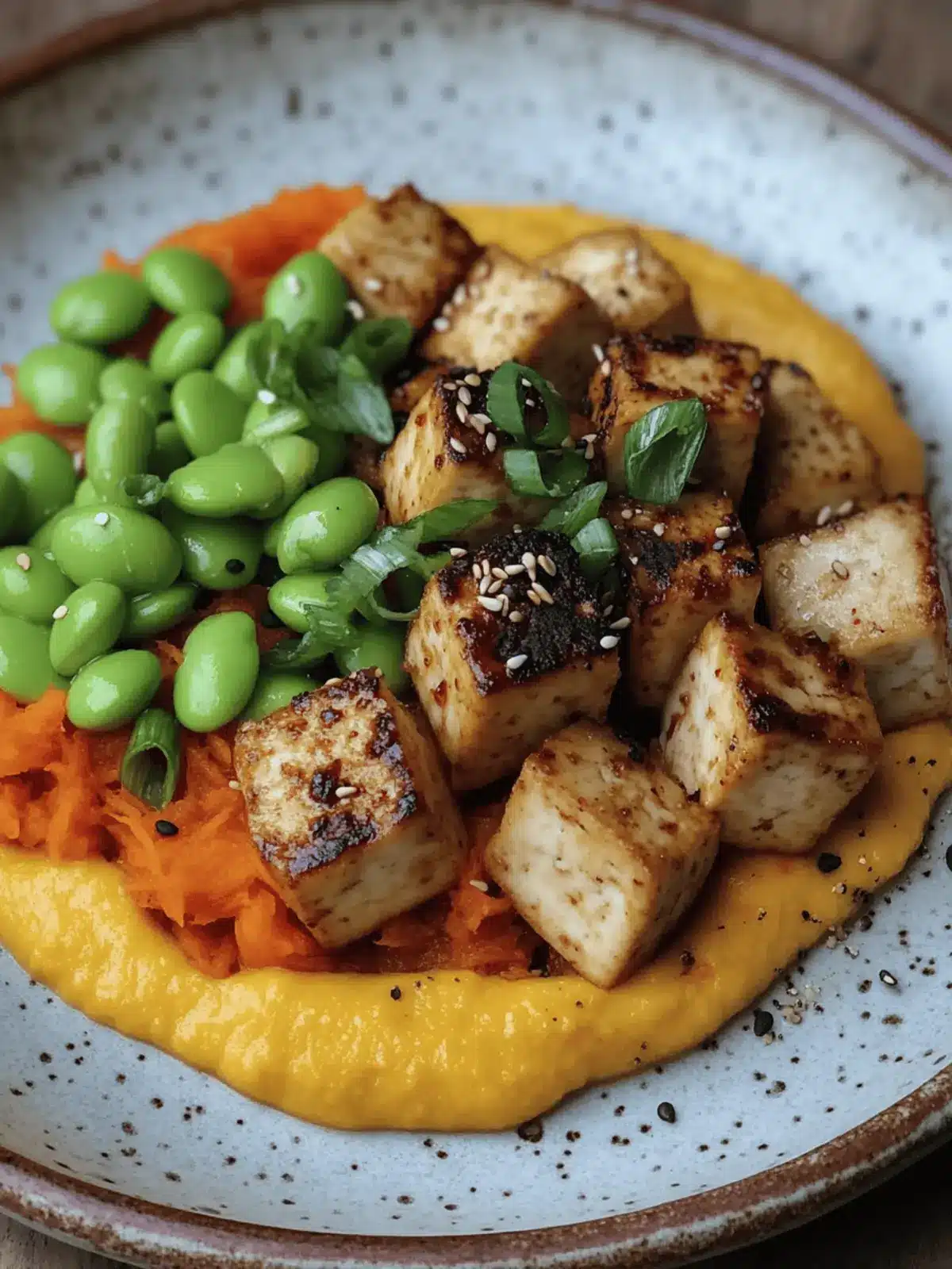 Savory Miso Tofu with Ginger Carrot Purée and Edamame Delight 4 Miso tofu with ginger carrot purée and edamame