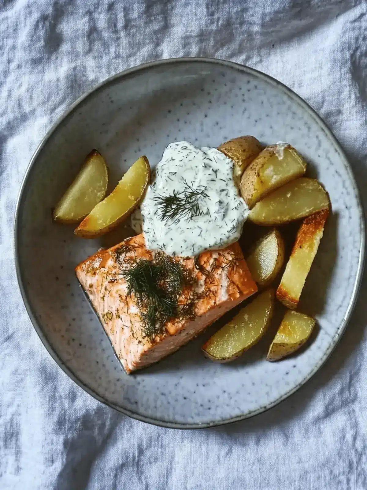 Delicious Dill Salmon with Crispy Potato Wedges & Creamy Sauce 2 Dill salmon with potato wedges and a creamy pickle and dill sauce
