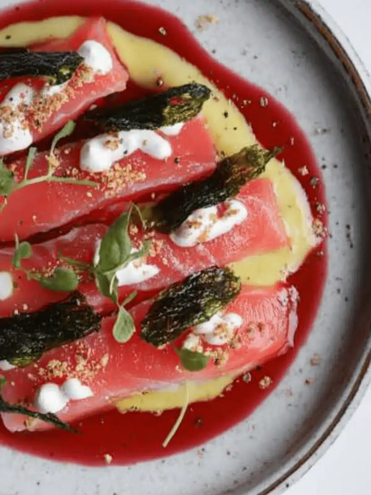 Salmon Sashimi in Beetroot with Seaweed Crisps: A Colorful Treat 2 Salmon Sashimi in Beetroot with Seaweed Crisps