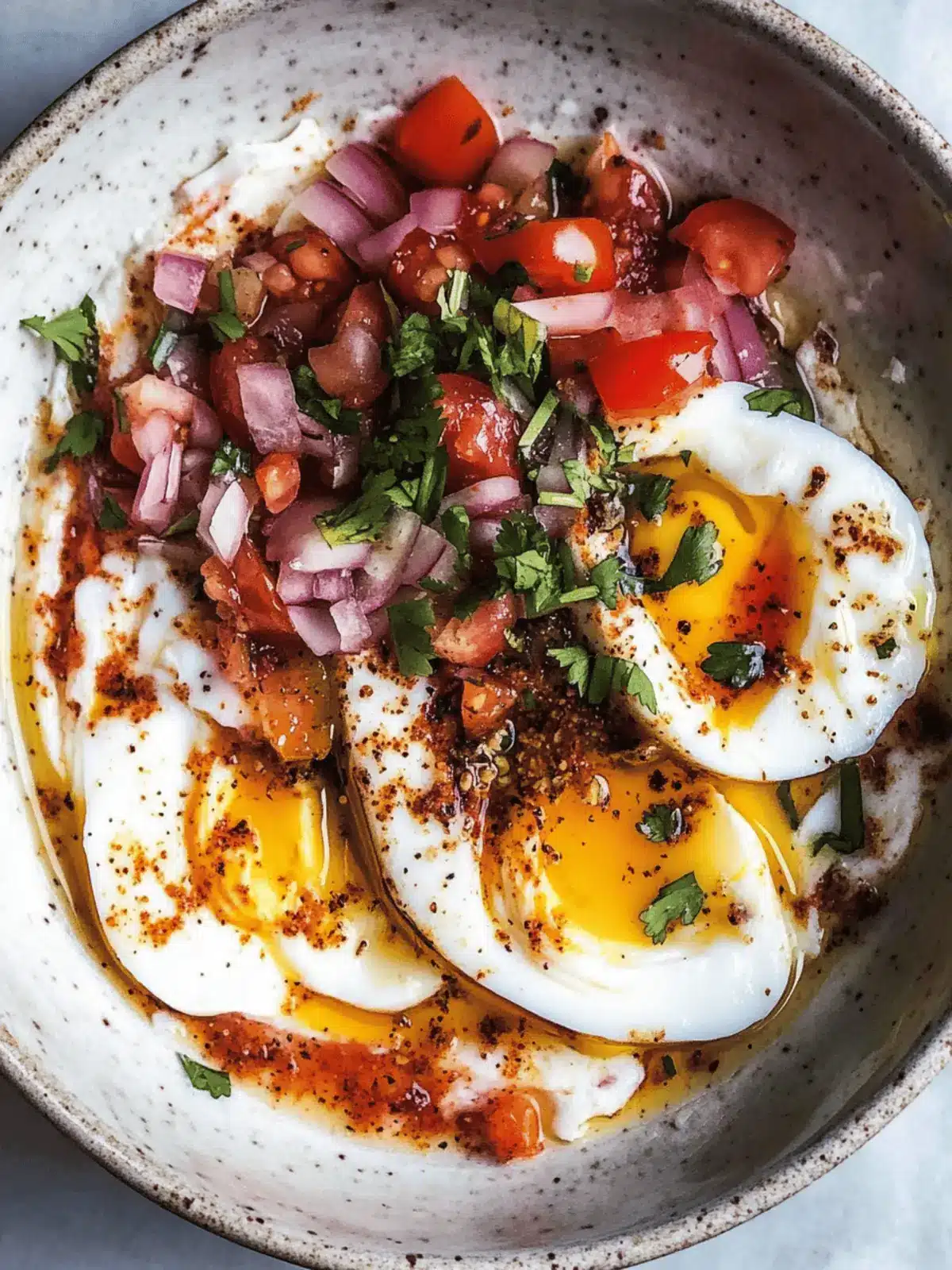 Poached Eggs with Yogurt, Tomato, Onion and Spiced Oil Delight 3 Poached Eggs with Yogurt, Tomato, Onion and Cumin Chili Oil