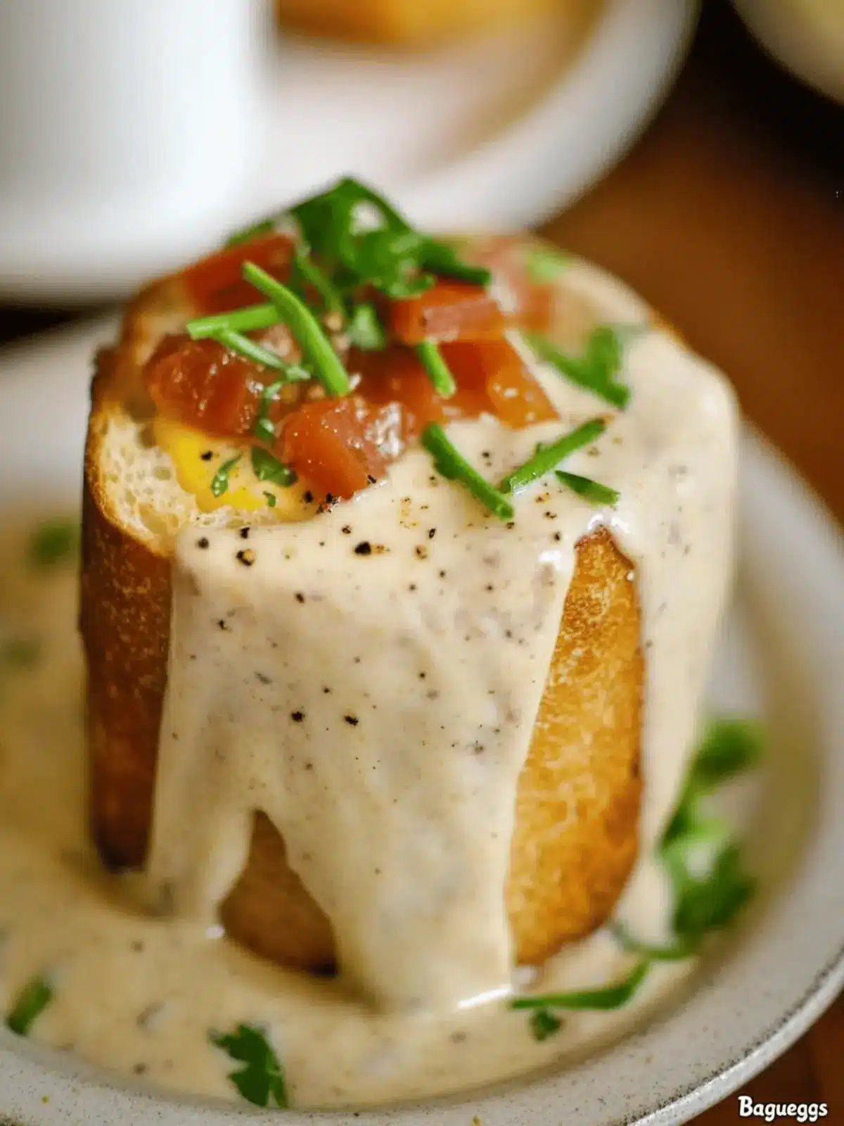 Baked Eggs in Baguette with Smoked Gouda Sauce Bliss 4 Baked eggs in Baguette + Smoked Gouda Sauce a.k.a Bagueggs