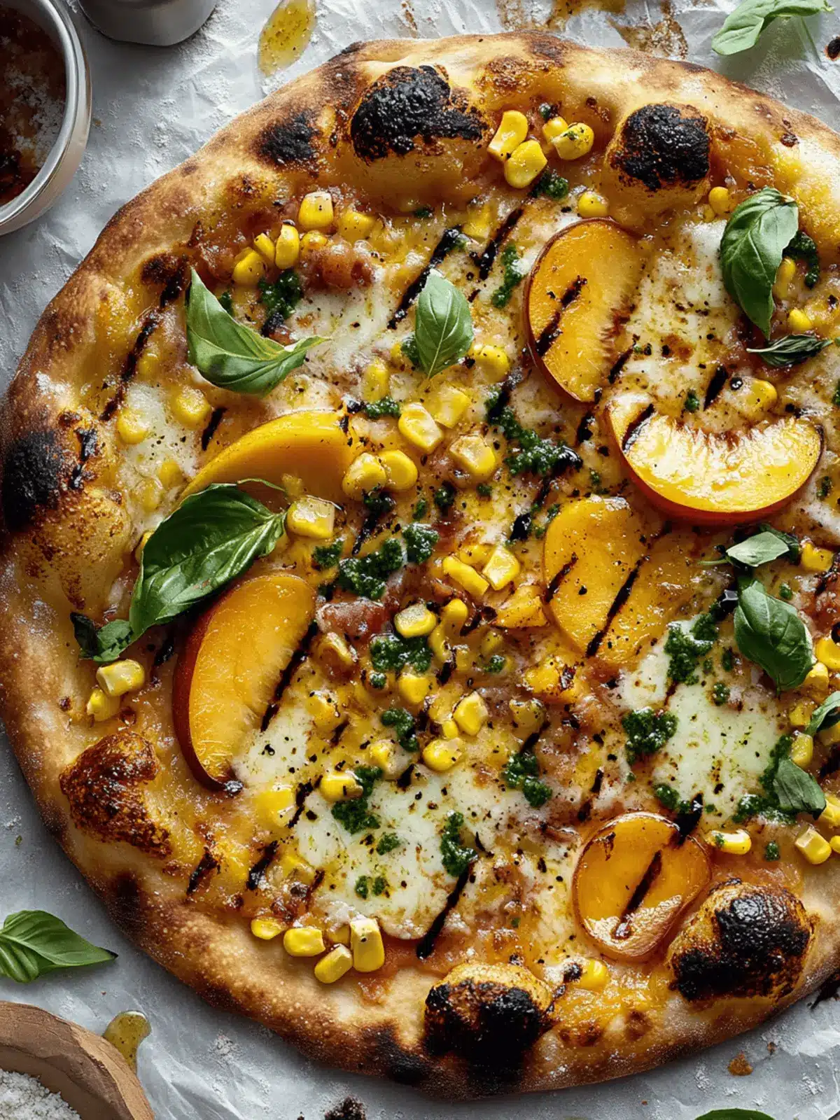 Grilled Peach Pizza with Corn and Chili Garlic Sauce Bliss 4 Grilled Peach Pizza with Corn and Chili Garlic Sauce.