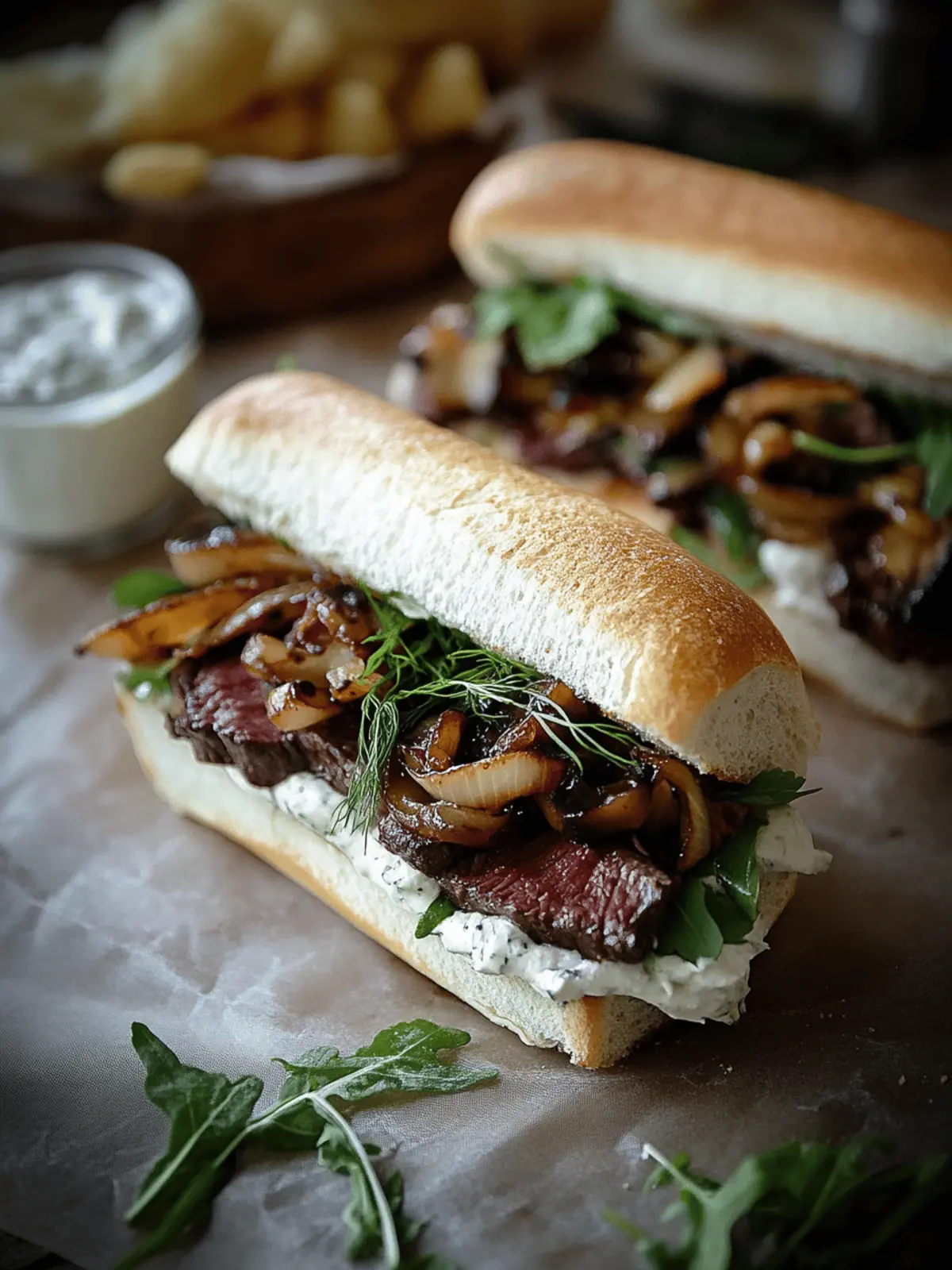 Ultimate Steak Sandwich with Sweet Onions and Garlic Dill Spread 4 Steak Sandwich with Caramelized Onions and Mushrooms and Garlic Dill Spread