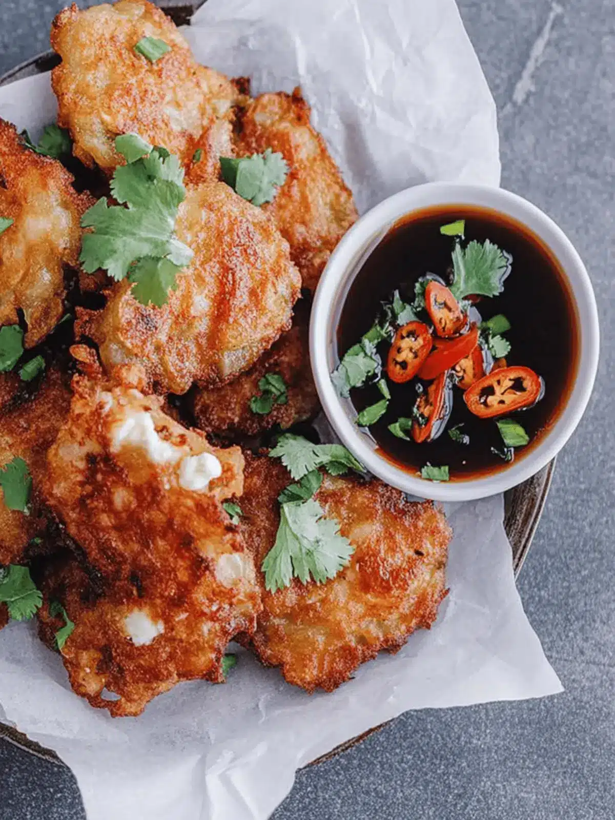Savory Onion and Feta Fritters with Sweet Chilli Dipping Sauce 3 Onion and feta fritters with sweet chilli soy dipping sauce