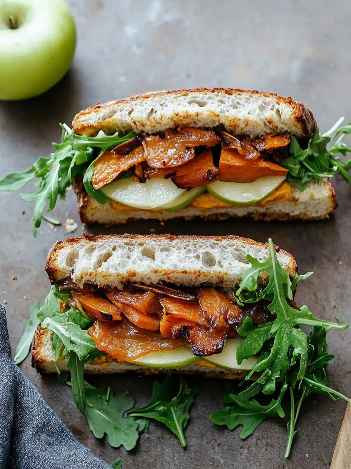 Savory Herbed Sweet Potato Sandwiches with Caramelized Onion Joy 2 Savory Herbed Sweet Potato Sandwiches with Caramelized Onion, Green Apple, and Arugula