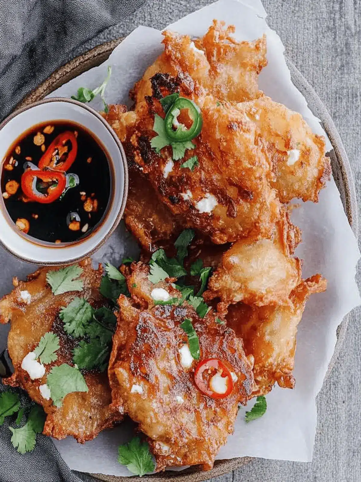 Savory Onion and Feta Fritters with Sweet Chilli Dipping Sauce 4 Onion and feta fritters with sweet chilli soy dipping sauce
