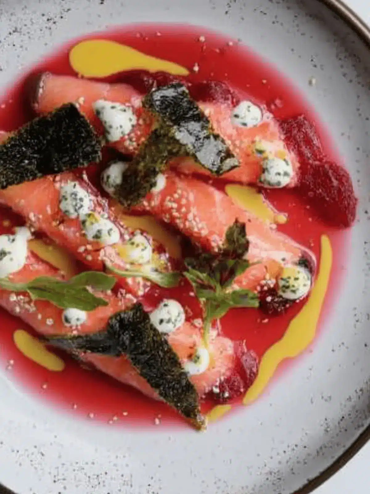 Salmon Sashimi in Beetroot with Seaweed Crisps: A Colorful Treat 3 Salmon Sashimi in Beetroot with Seaweed Crisps