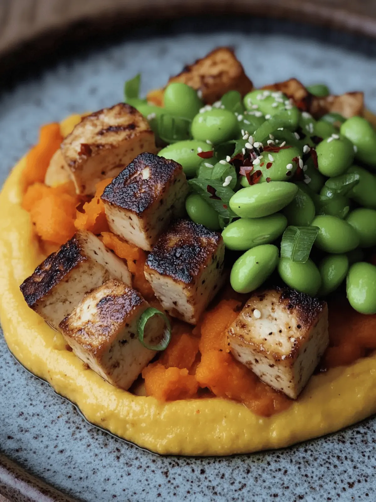 Savory Miso Tofu with Ginger Carrot Purée and Edamame Delight 2 Miso tofu with ginger carrot purée and edamame