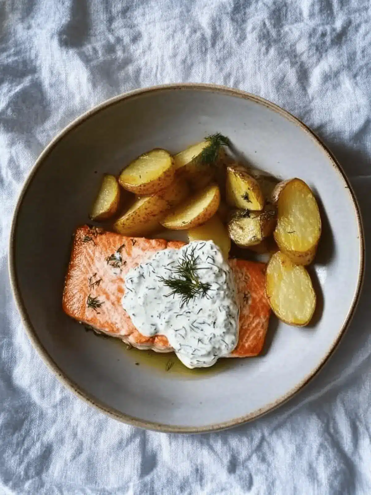 Delicious Dill Salmon with Crispy Potato Wedges & Creamy Sauce 3 Dill salmon with potato wedges and a creamy pickle and dill sauce