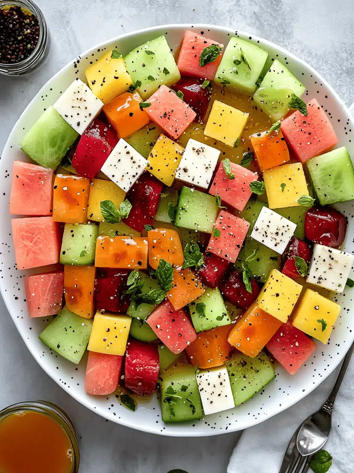 Refreshing Melon Mosaic Salad with Hot Honey Vinaigrette Bliss 4 Melon Mosaic Salad with Hot Honey Vinaigrette.