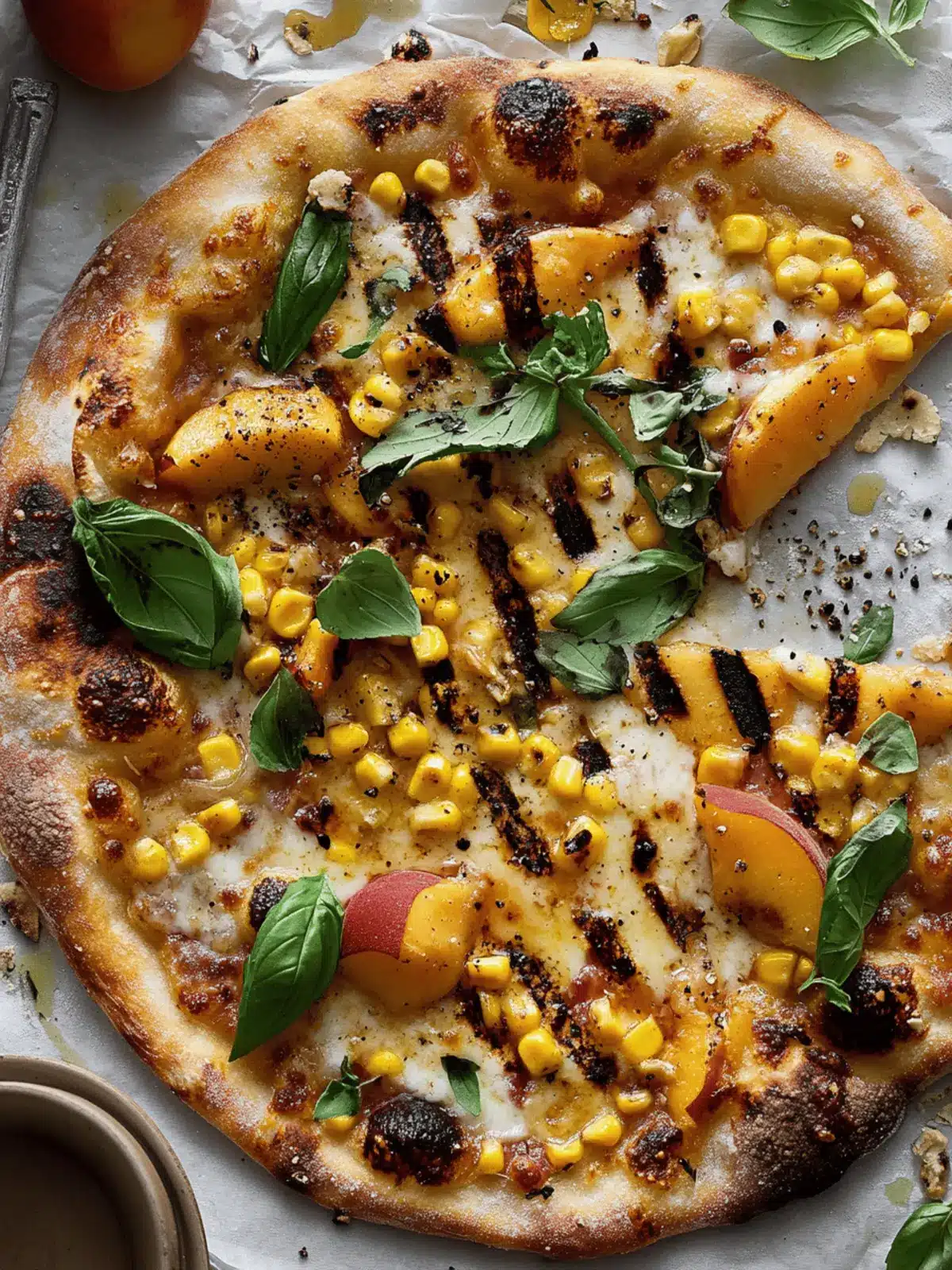 Grilled Peach Pizza with Corn and Chili Garlic Sauce Bliss 3 Grilled Peach Pizza with Corn and Chili Garlic Sauce.