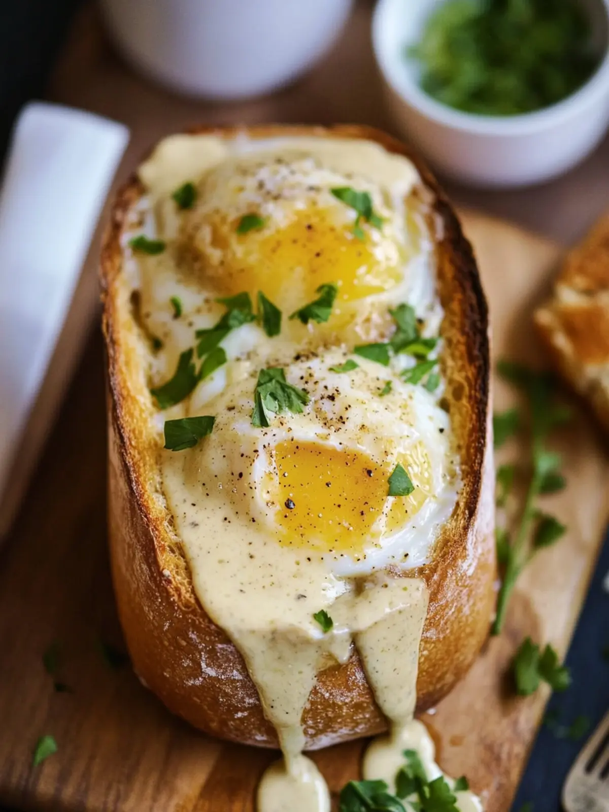 Baked Eggs in Baguette with Creamy Smoked Gouda Sauce 4 Baked eggs in Baguette + Smoked Gouda Sauce