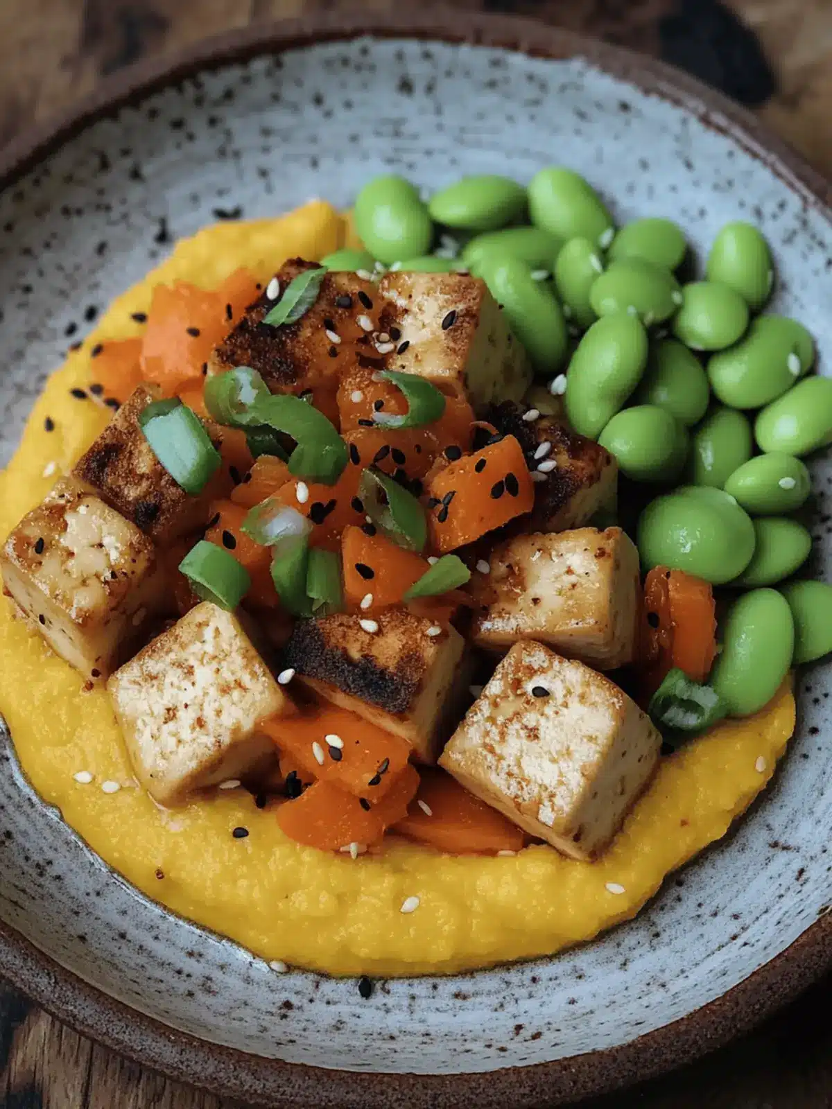 Savory Miso Tofu with Ginger Carrot Purée and Edamame Delight 3 Miso tofu with ginger carrot purée and edamame