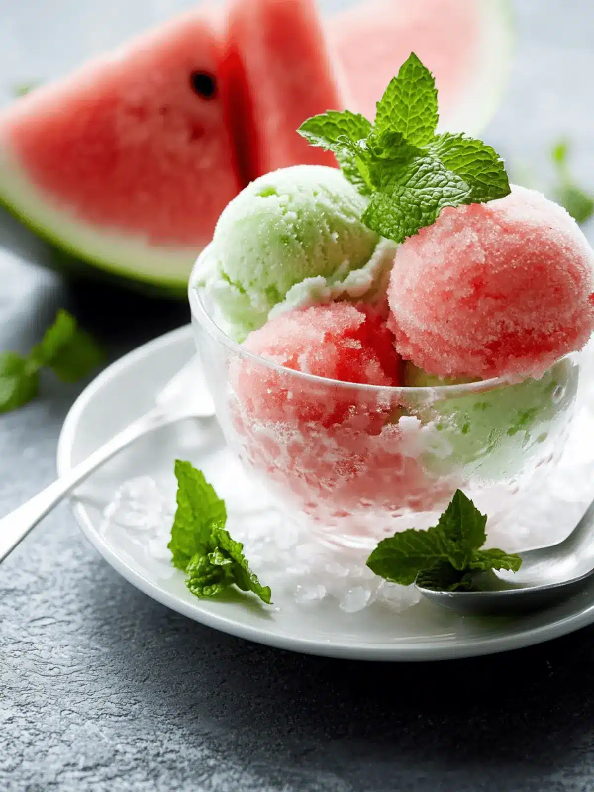 Fresh Mint Ice Cream with Salted Watermelon Granita Bliss 2 Fresh Mint Ice Cream with Salted Watermelon Granita