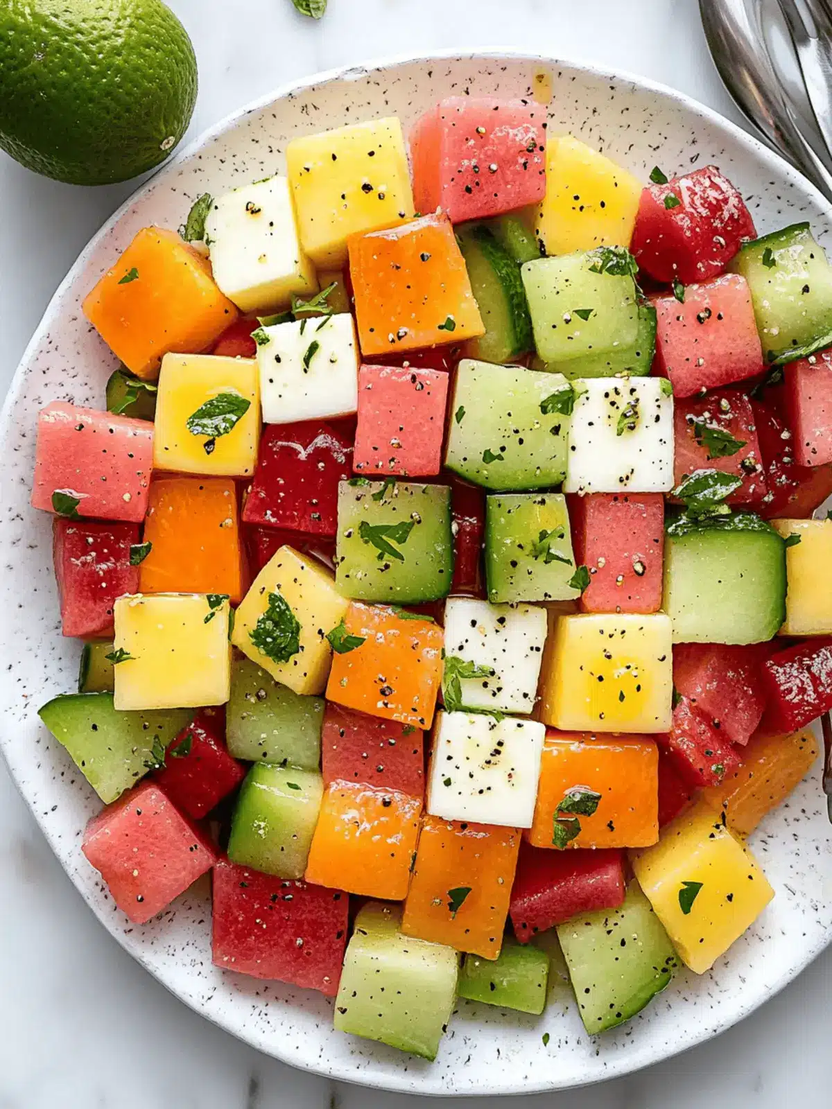 Refreshing Melon Mosaic Salad with Hot Honey Vinaigrette Bliss 3 Melon Mosaic Salad with Hot Honey Vinaigrette.