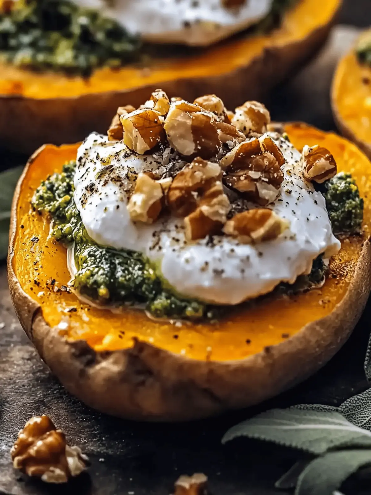 Stuffed Sweet Potatoes with Burrata & Sage Pesto Delight 2 Stuffed Sweet Potatoes with Burrata, Toasted Walnuts & Sage Pesto
