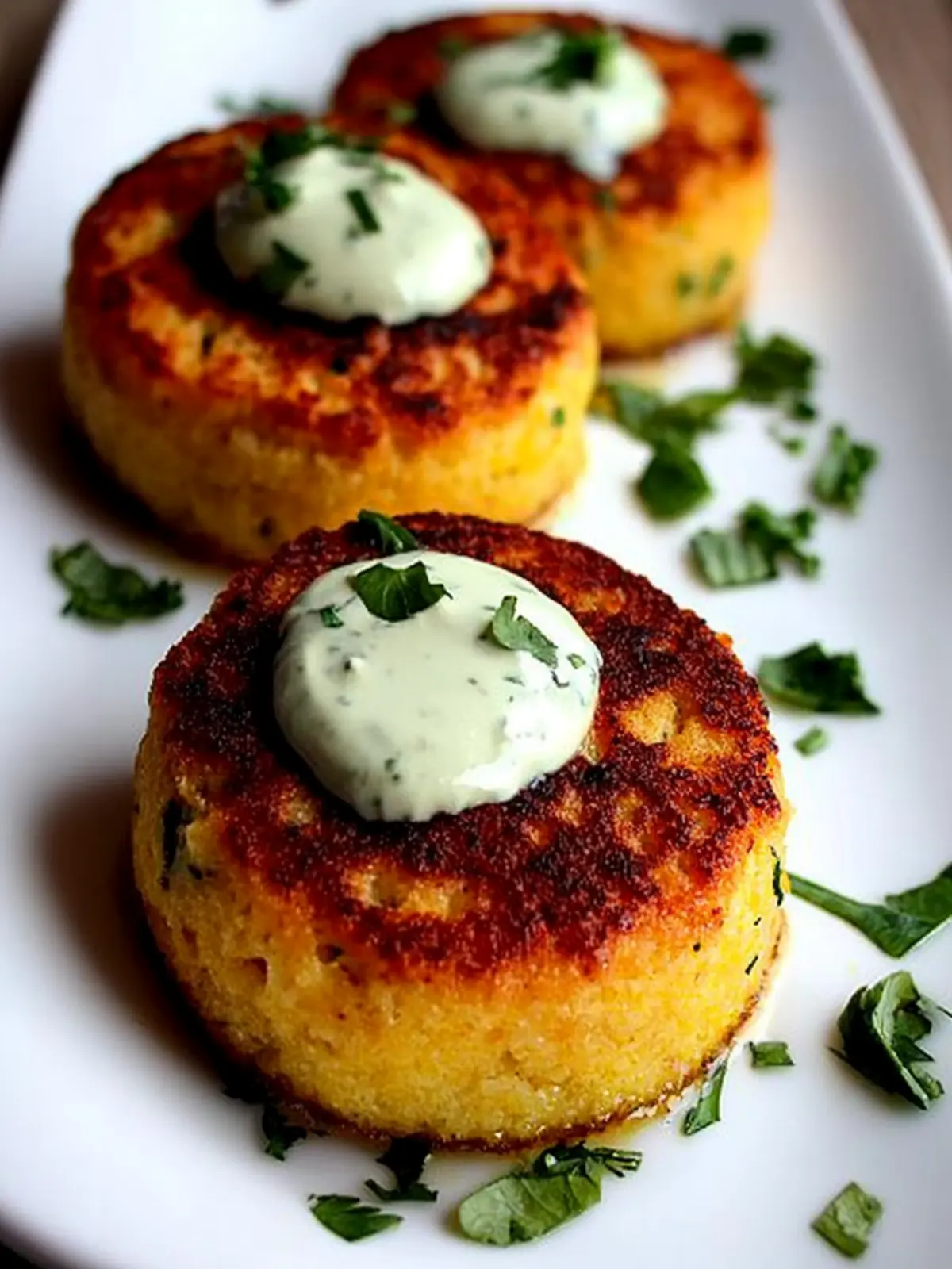 Savory Chorizo Grit Cakes with Cilantro Cream Delight 2 Chorizo Grit Cakes with Cilantro Cream