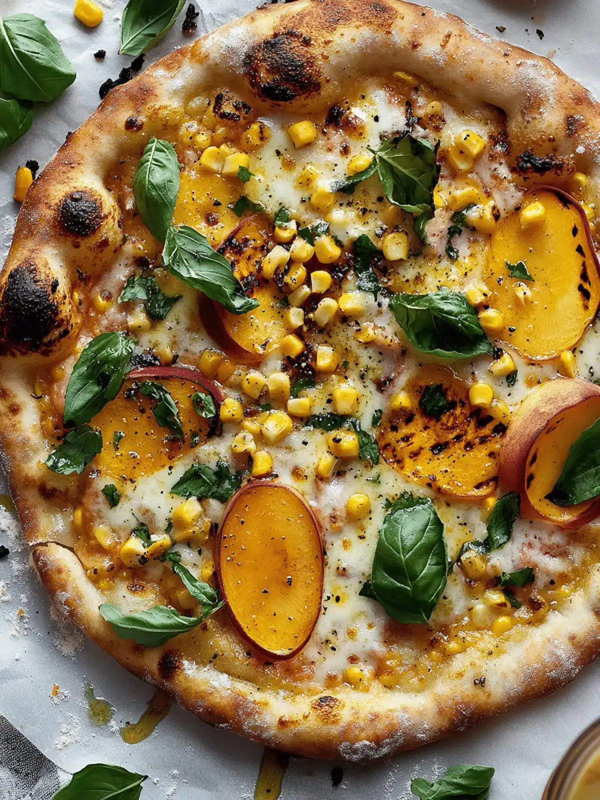 Grilled Peach Pizza with Corn and Chili Garlic Sauce Bliss 2 Grilled Peach Pizza with Corn and Chili Garlic Sauce.